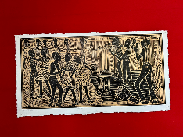 Linocut print of a band performing traditional songs with dancing couples in the foreground, showcasing African cultural richness and musical heritage, by artist Kapanda, in black and brown colors, landscape orientation.