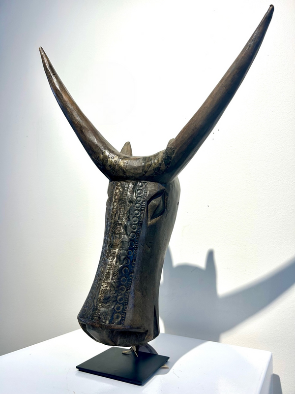 Bambara cattle mask from Mali with prominent horns and intricate carvings, symbolizing cultural heritage and connection to cattle.