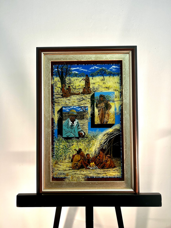 Bushman family painting by Isabel, depicting a cozy fire scene in Namibia with vibrant colors and intricate details, using the painting under glass technique, displayed in a gallery frame.