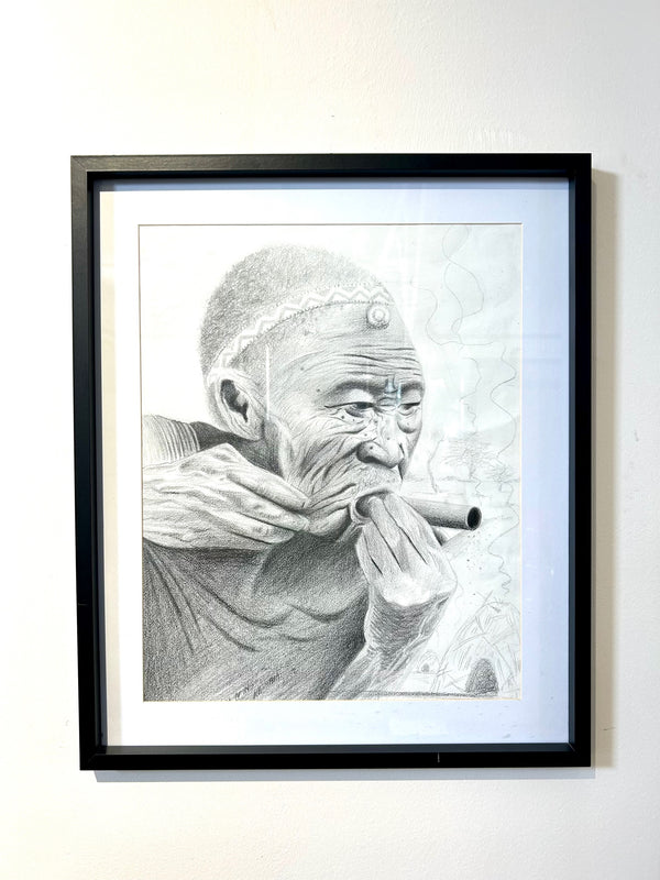 Pencil drawing of an elderly bushman smoking a traditional pipe, titled "Sage Wisdom," showcasing intricate details and cultural significance.