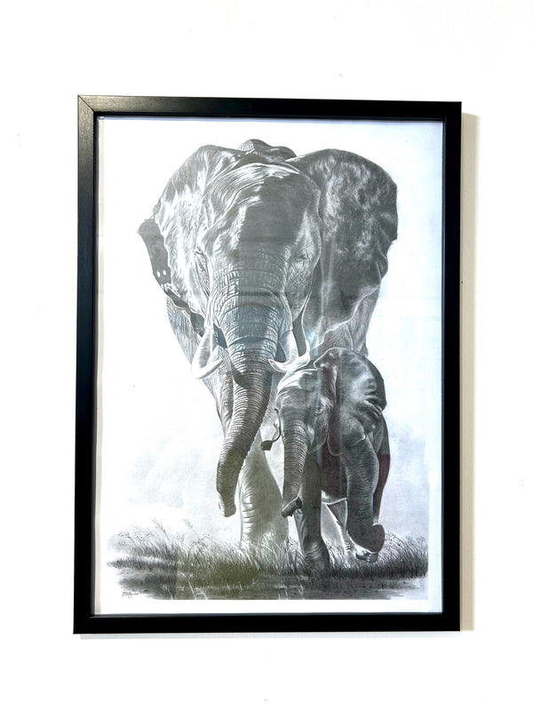 Pencil painting of a mother elephant and calf, black and white, portrait orientation, by artist Moses, displayed at Rogl Souvenirs & Gallery, African art gallery.