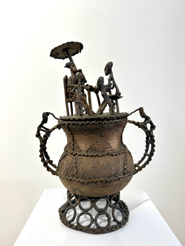 Antique bronze Ashanti ancestral soul holder from Ghana with intricate engravings, used in royal funerals to hold gold dust.