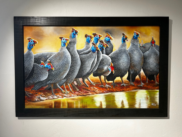 Guinea fowl gathering at a watering hole in "Graceful Gathering" oil painting, showcasing intricate brushstrokes and harmonious colors, Rogl Souvenirs & Gallery.