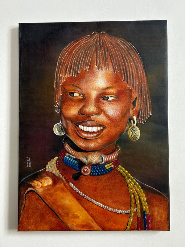 Oil painting of a Hamar woman from Ethiopia with traditional necklaces and earrings, titled "Elegance of Ethiopia" by Ken Makumbi, showcasing vibrant colors and cultural heritage.