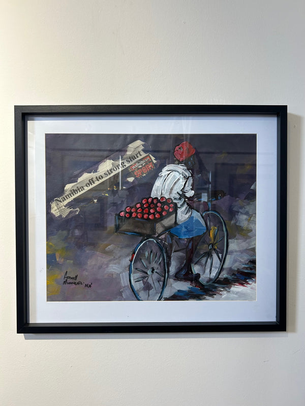 Oil canvas painting "Harvest Delights" depicting a fruit delivery man on a bicycle in Namibia, featuring newspaper extracts, vibrant colors, and community themes, displayed at Rogl Souvenirs & Gallery.