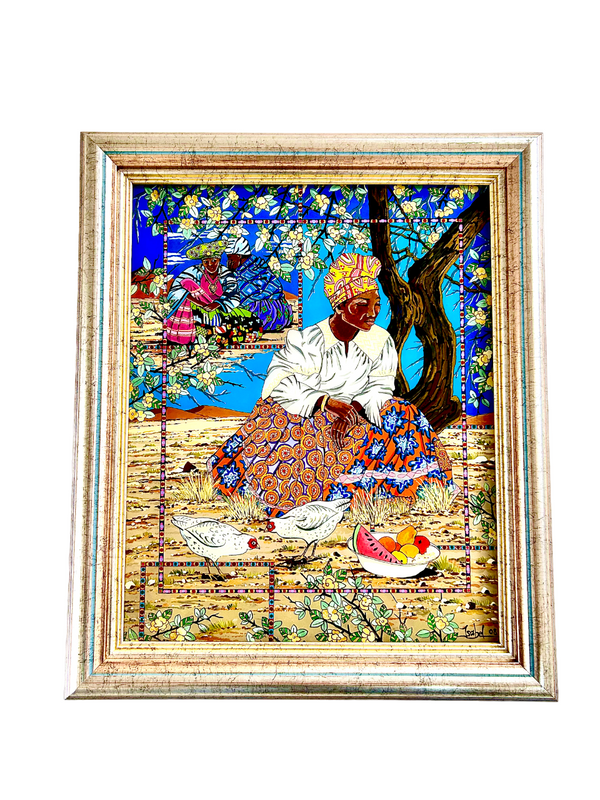 Painting of a Herero woman surrounded by chickens, using paint under glass technique, vibrant colors, and intricate details, framed in a gallery frame at Rogl Souvenirs & Gallery.