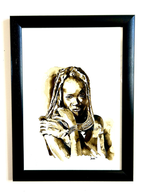 Watercolor portrait of a young Himba girl with traditional braided hair and beads, showcasing the rich culture of the Himba people from Northern Namibia.