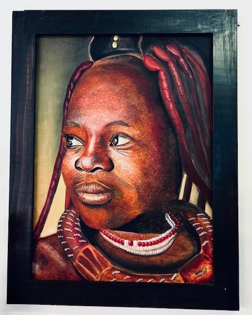 Himba woman oil canvas painting with traditional attire and mud cloth necklace, showcasing cultural heritage and elegance.