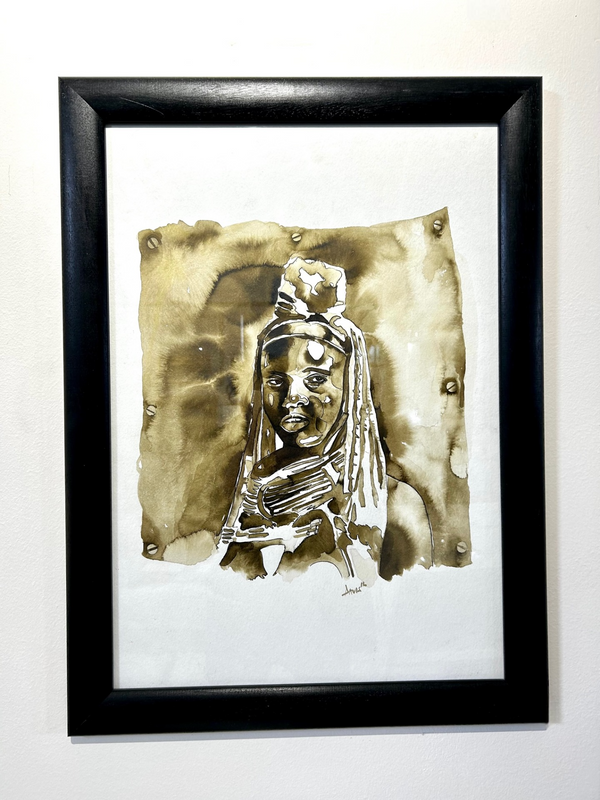 Himba woman watercolor painting by Davis, featuring traditional headgear and mud cloth necklace, African art, Rogl Souvenirs & Gallery.