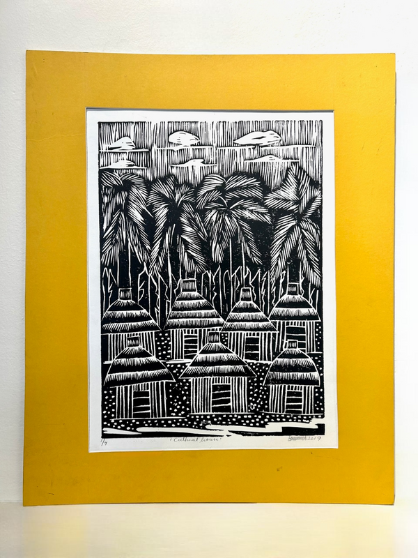 Black and white woodcut print of traditional Kavango housing in Namibia, featuring intricate architectural details, lush flora, and natural elements, by artist Kapanda, displayed in a portrait orientation.