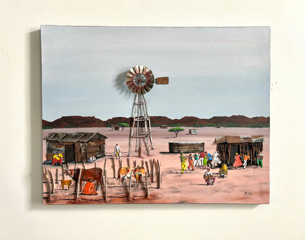 Three-dimensional painting of rural Namibia with wind pump, cattle camp, and celebration, showcasing vibrant cultural traditions and landscape.