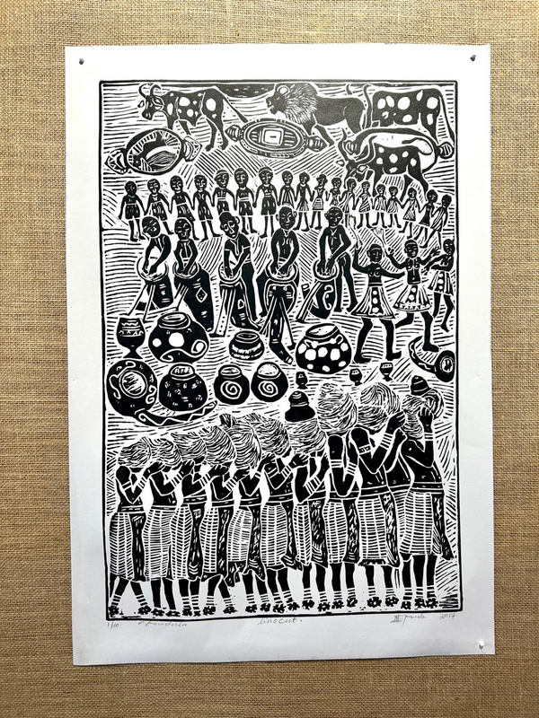 Black and white linocut print depicting a vibrant tribal celebration in northern Namibia, featuring traditional dancers, music, and instruments, showcasing intricate details and cultural heritage.