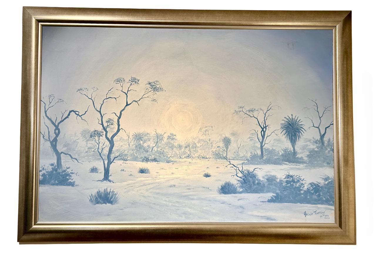 Oil canvas painting "Moody Blue" by Archie van der Ploeg, depicting Namibian landscape with camel thorn and palm trees, showcasing moody blue hues and atmospheric tones.