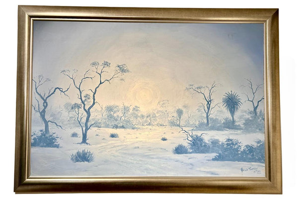 Oil canvas painting "Moody Blue" by Archie van der Ploeg, depicting Namibian landscape with camel thorn and palm trees, showcasing moody blue hues and atmospheric tones.
