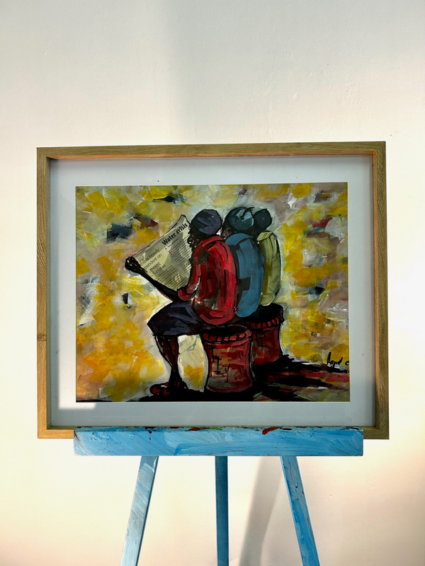 Three Rastas reading a newspaper on a rural road, vibrant oil painting "Street Chronicles" by Artwell, highlighting Namibian water scarcity, displayed at Rogl Souvenirs & Gallery.