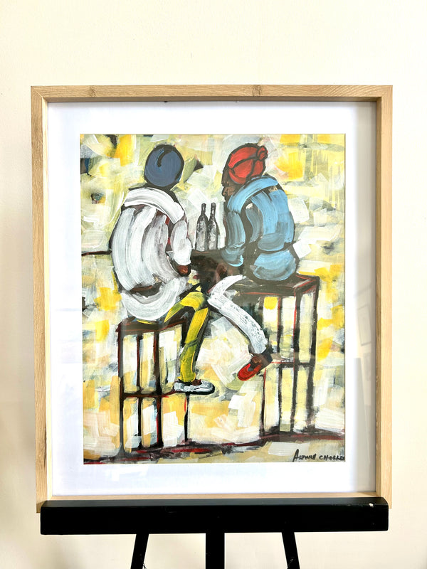 Two Rasta men sitting at a bar with beer bottles, vibrant oil painting "Rhythm of Friendship" by Artwell, showcasing cultural camaraderie and friendship.