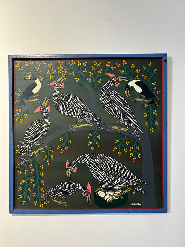 Tingatinga painting of multiple Guinea fowls with one protecting her eggs, showcasing vibrant colors and intricate patterns, available at Rogl Souvenirs & Gallery.