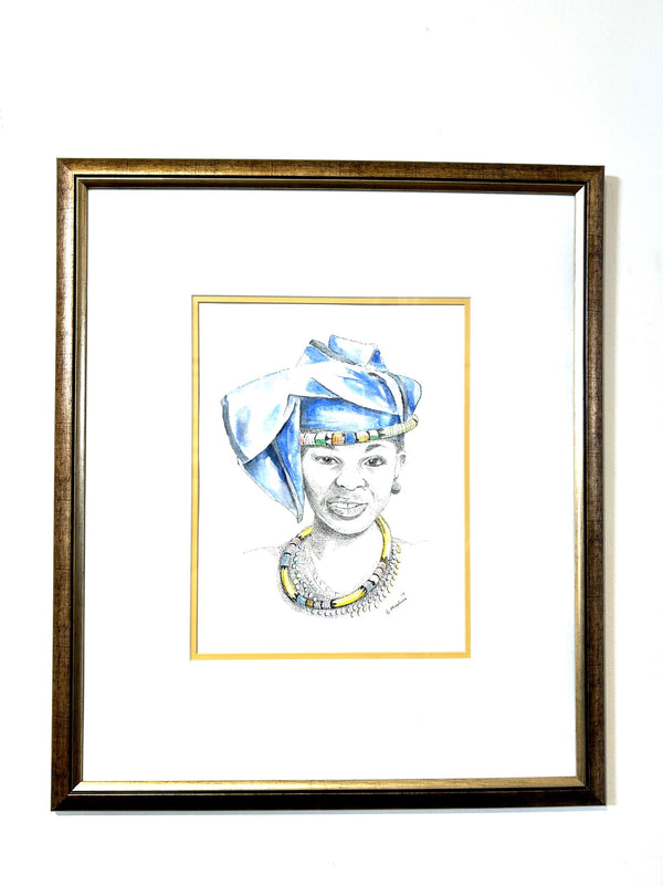 Mixed media painting of a Xhosa woman in traditional iQhiya head wrap, showcasing vibrant colors and cultural heritage, by artist Davis.