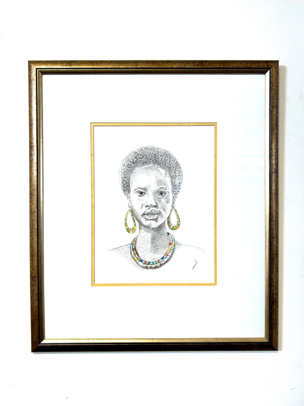 Portrait of a Zulu woman in pen and watercolor, showcasing intricate jewelry and vibrant colors, highlighting Zulu cultural heritage.