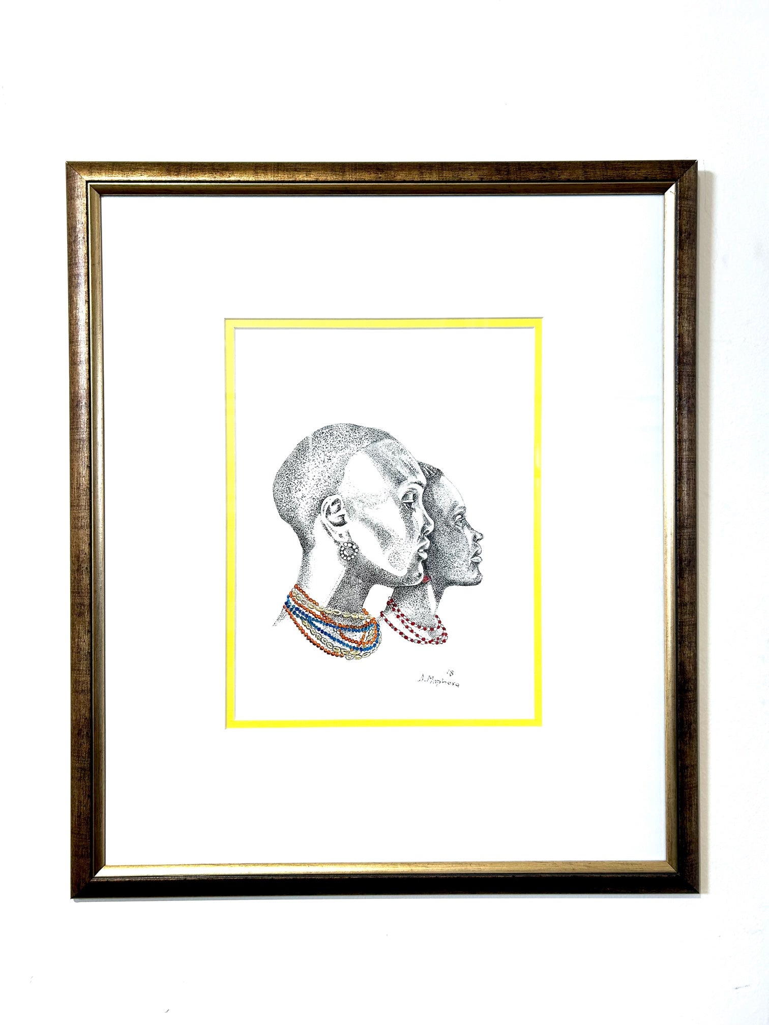 Enchanting Side View painting by Davis, featuring Zulu women in profile with colorful cowrie shell and bead necklaces, showcasing cultural heritage and elegance, displayed in Rogl Souvenirs & Gallery.