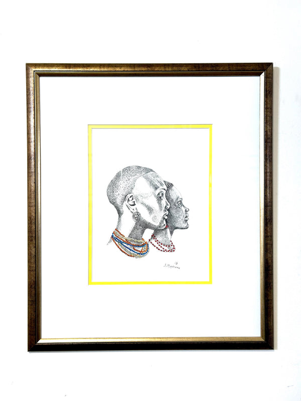 Enchanting Side View painting by Davis, featuring Zulu women in profile with colorful cowrie shell and bead necklaces, showcasing cultural heritage and elegance, displayed in Rogl Souvenirs & Gallery.